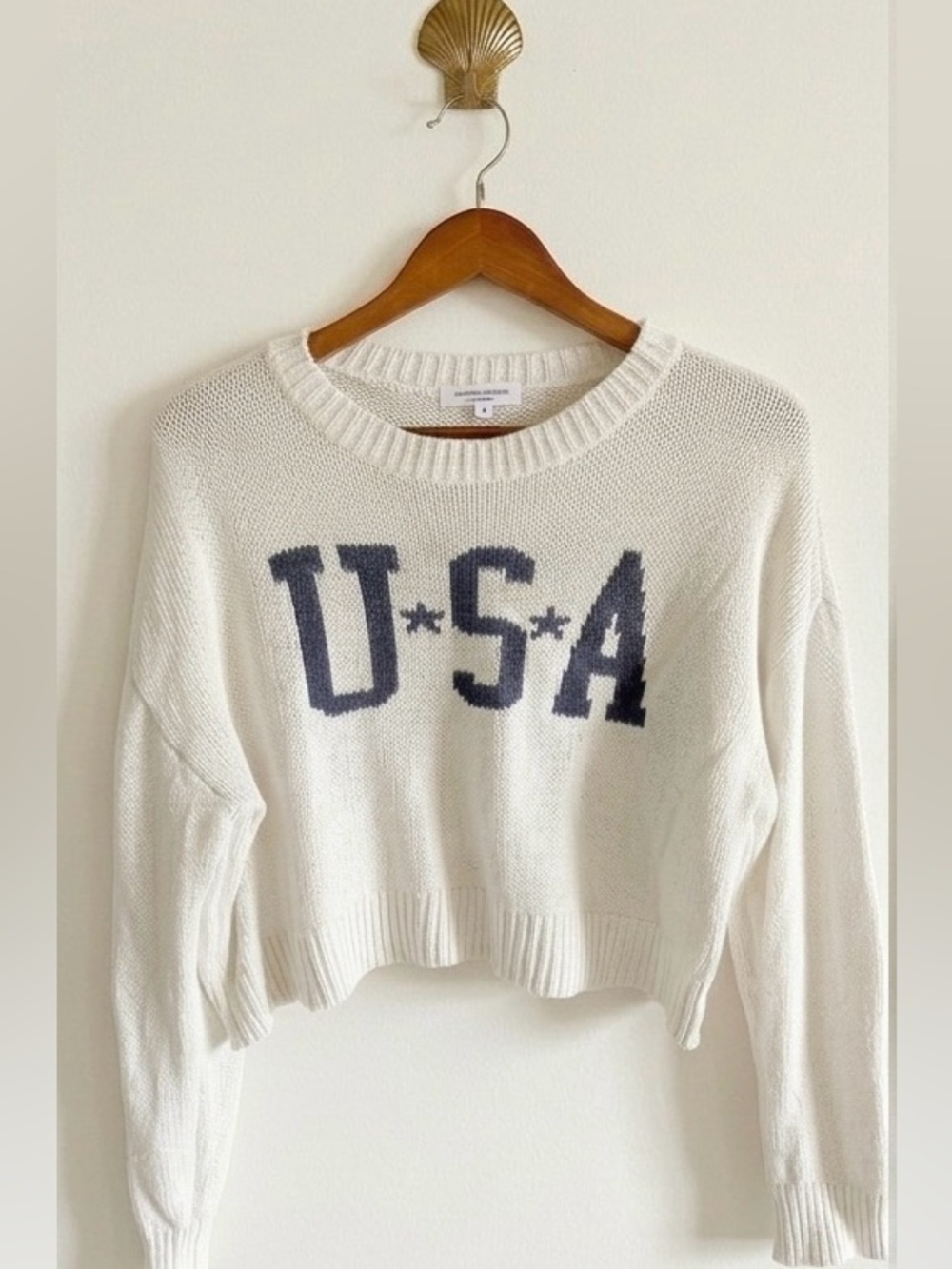 Grayson Threads Cream Cropped Crewneck Sweater with Navy USA Lettering